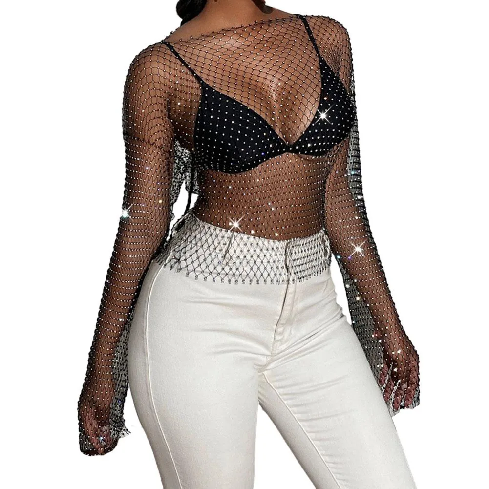 

Womens Sparkling Sexy Nightclub Slim Fit Long Sleeve Round Neck T-Shirt Tops Outfit Female Hollow Fishnet Sensual Clubwear