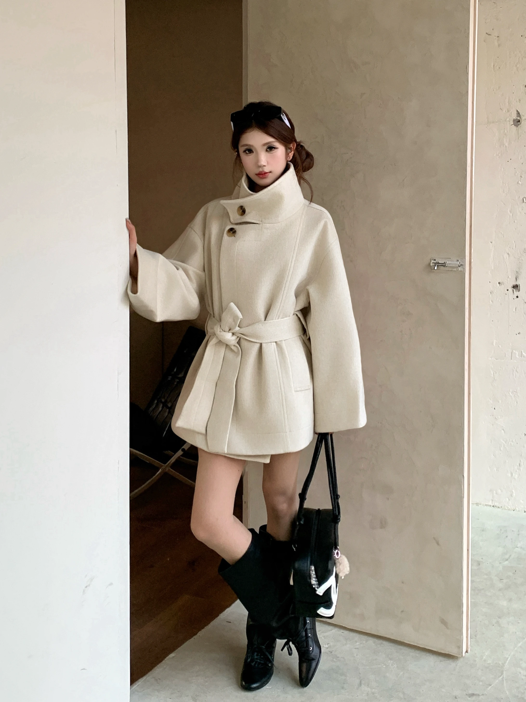 

MOXI Breathable Heavyweight ort Double-Faced Woolen Coat Stand-Up Collar Waist-Cinched Faionable Sweet Japanese Sle Wom...