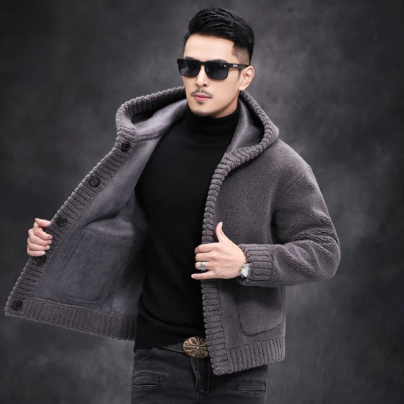 

2022 Winter Men's Fashion Double-sided Wear Hooded Coats Male Short Sheep Shearing Outwear Men Genuine Wool Warm Jackets O776