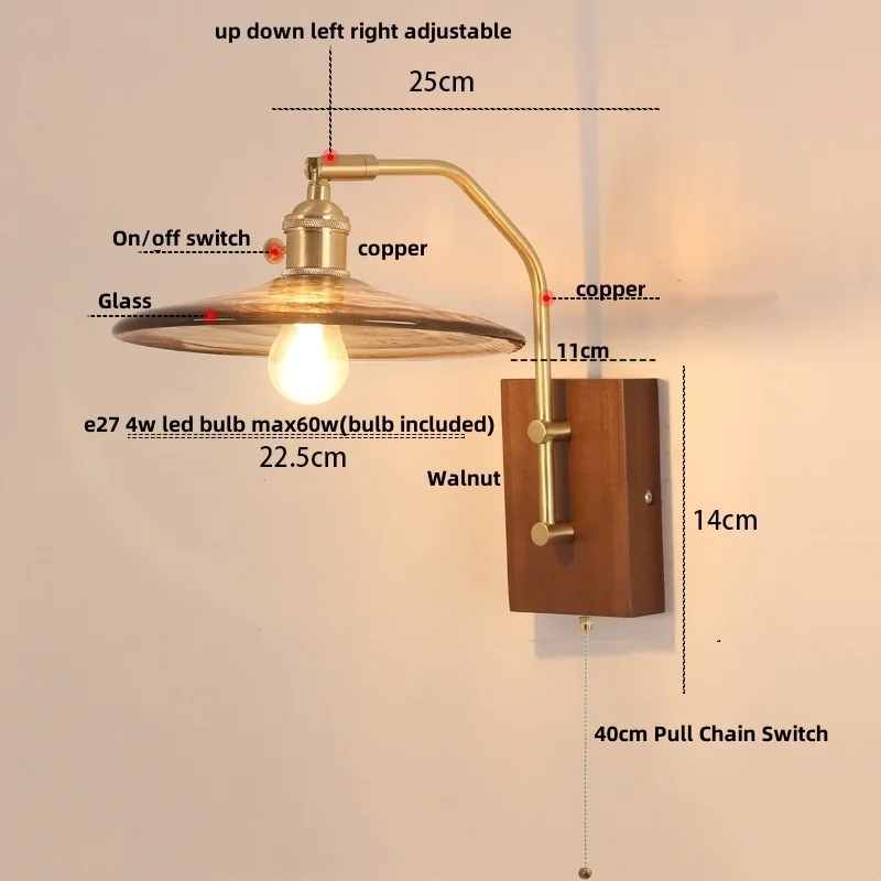 IWHD Walnut Wood LED Wall Light Fixture Restaurant Coffee Dining Room Glass Pull Chain Switch Nordic Modern Bedroom Bedside Lamp