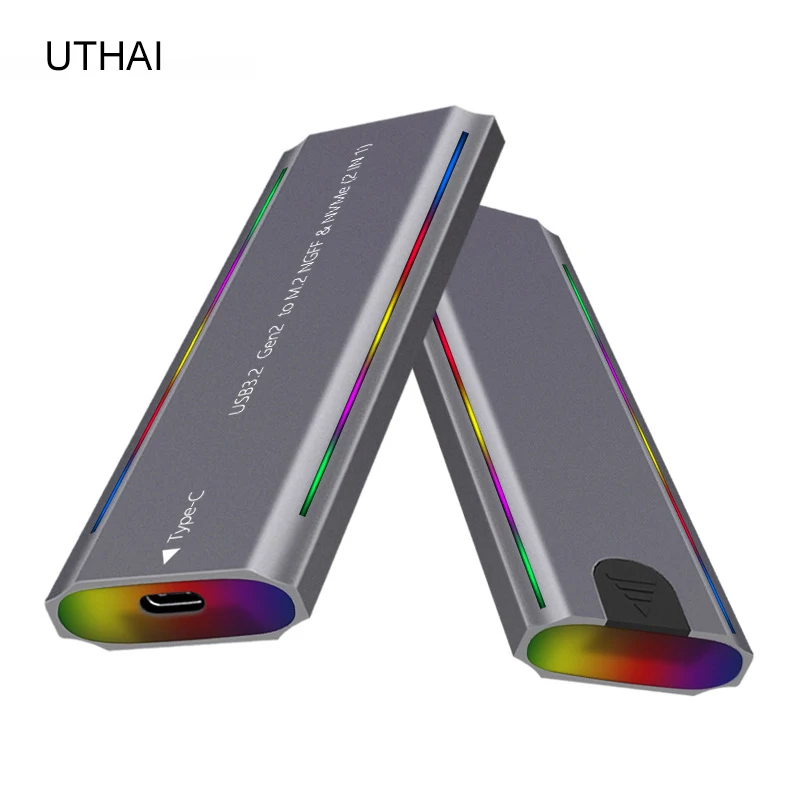 UTHAI M. Boîtier de disque dur mobile en alliage d'aluminium, 2 SSD, USB 3.1, protocole NGFF et NVMe, Type-C RGB Light, TNP07