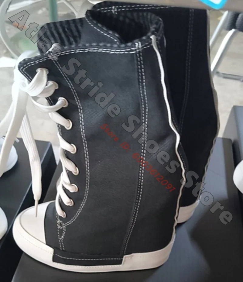 Size 34-46 Fold‑Over Striped Cuff Hidden Wedge High‑Top Canvas Sneakers Contrast Toe Cap Lace‑Up Casual Street Commute Shoes