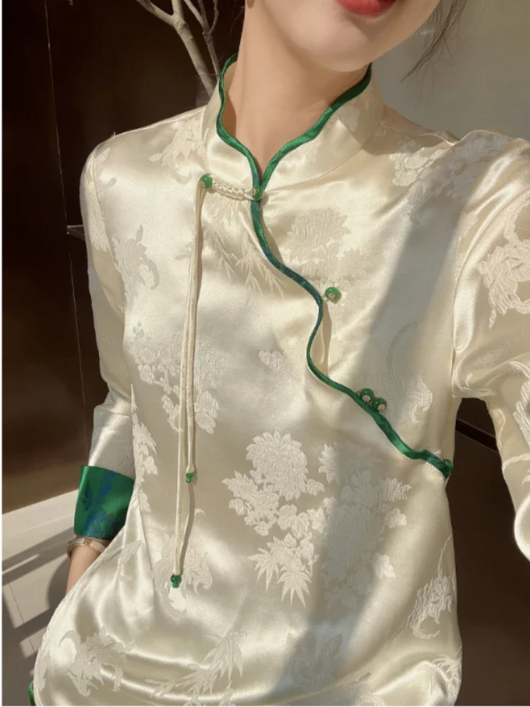 Chinese Style Improved Hanfu Top Women 2023 Spring and Summer Retro Stand-up Collar Long-sleeved Ladies Elegant Jacquard Blouse