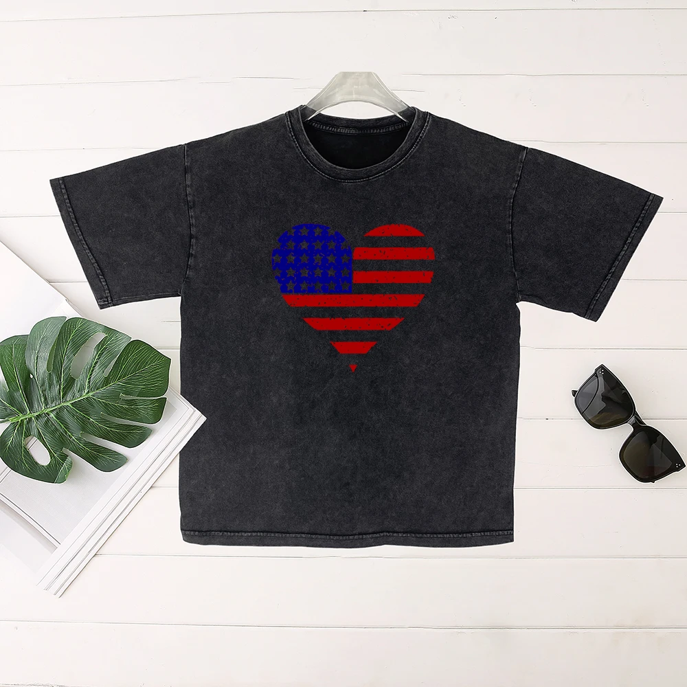 

Seeyoushy American Flag Element Love Print Summer Women's Casual T-shirt Washed To Do Old Top Liberation Day Independence Day