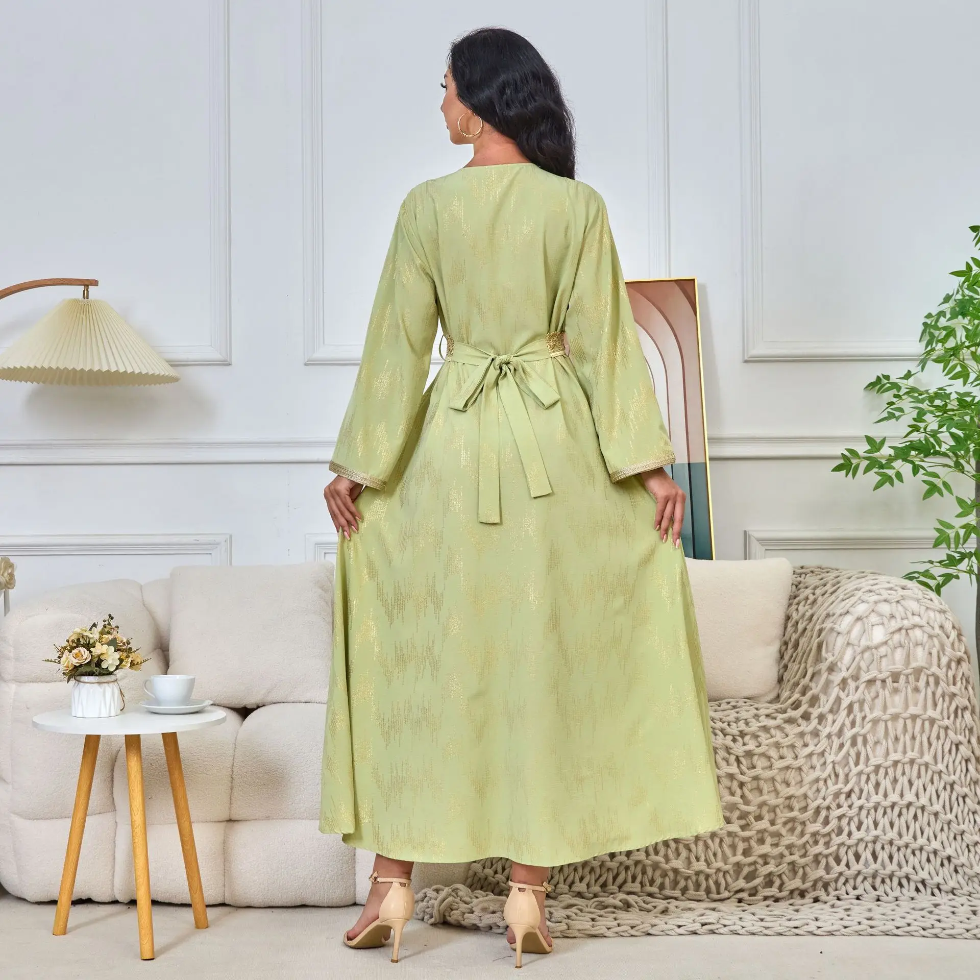 Robe de soirée élégante pour femmes musulmanes, col en V, manches longues, abayas stérilie dubaï, vêtements islamiques à lacets, robes caftan pour femmes