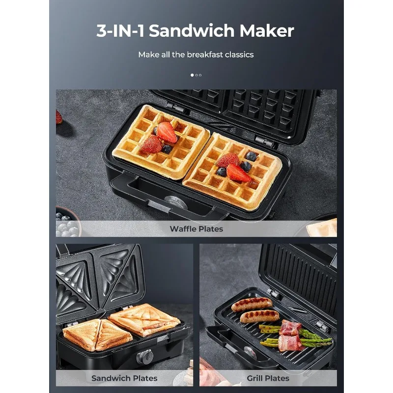 Sandwich Maker com placas removíveis, Panini Press, Waffle Iron Set, controle de temperatura, 3 em 1, 5 engrenagens