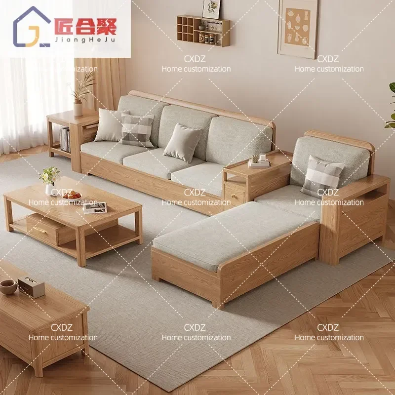 Solid Wood Sofa Ash Wood Frame Fabric Upholstery Simple Straight Row Couch for Small Apartment Living Room Furniture