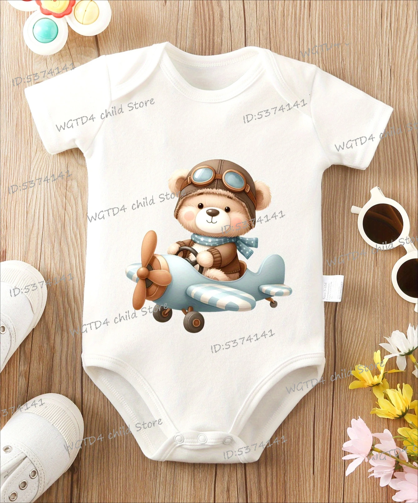 Newborn Girl Boy Clothes Cute Plane Captain Bear Pilot Print Short Sleeve Romper All-Season Wear Pregnancy Gift Cotton Jumpsuit