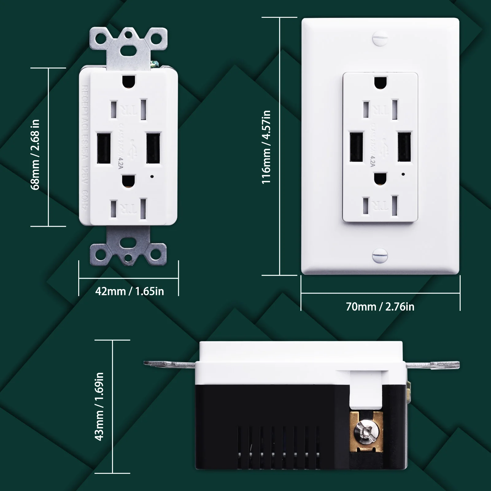 2PK 3.6/4.2A Wall Outlet with Dual USB Ports Tamper Resistant 15Amp Receptacle Charger Compatible for iPhone Samsung Xiaomi