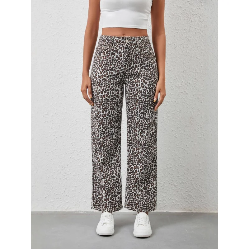 Women's Loose Leopard Print Denim Pants Casual Autumn 2026 Fashion plus Size Wide Leg Trousers
