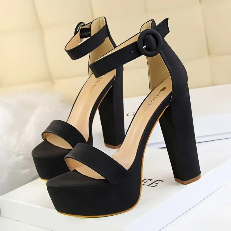 Fashion Women Pumps Sandals Summer Sexy Platform Buckle Strap PU 13.5CM Square Heel Outdoor Korean Style Women Shoes Black