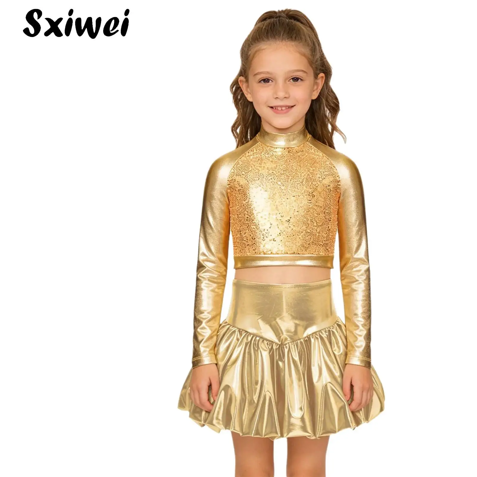 Shiny 70s Disco Vintage Costume for Kids Girls Long Sleeve Sequin Crop Top with Metallic Bubble Skirt Carnival Party Jazz Outfit