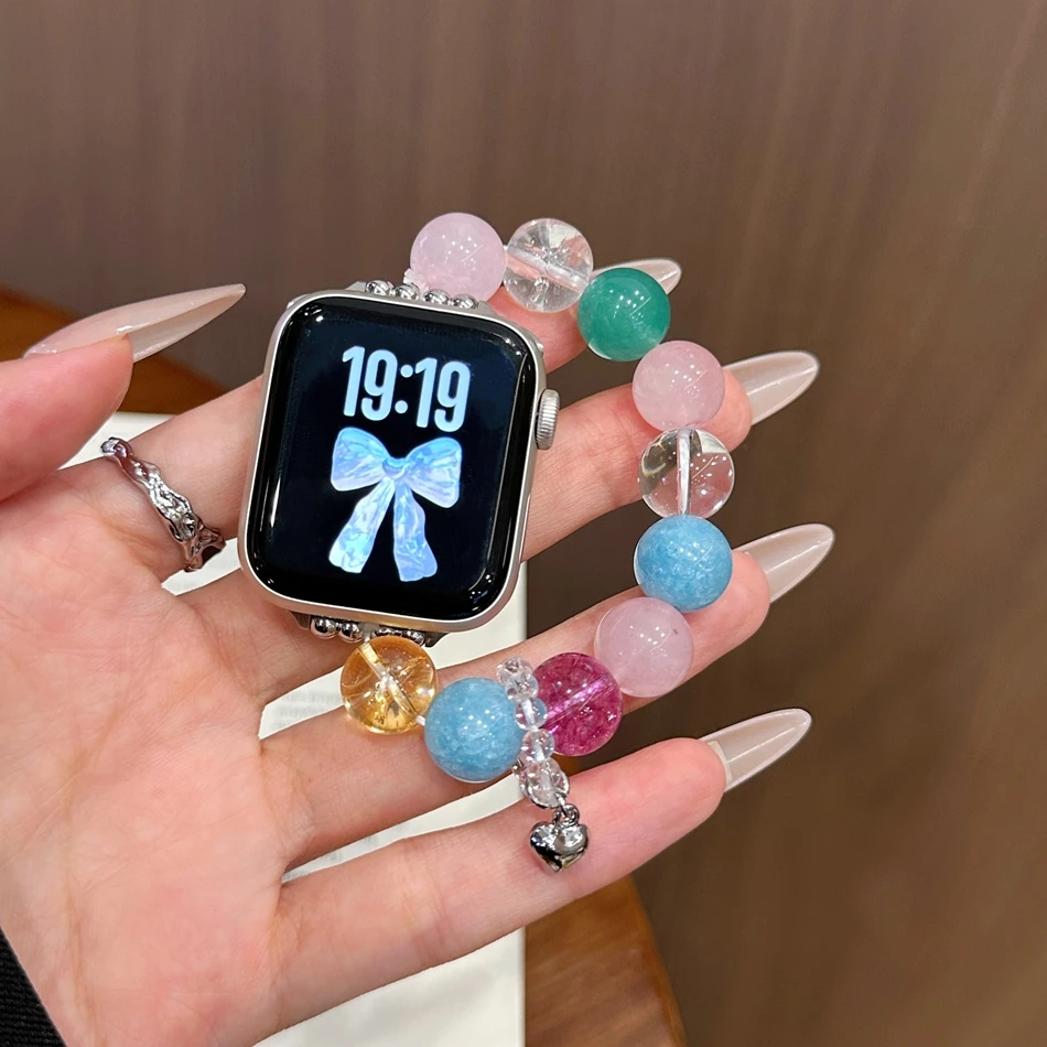 Tali untuk Apple Watch Band S11/10/9/8/7/SE/Ultra IWatch 49/46/45/44/42/41/40/38mm Gelang Elastis Kristal Manik-manik Kristal Modis