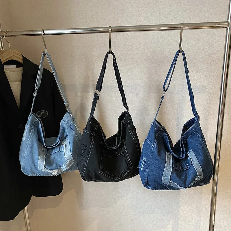 2026 Japanese casual denim fabric new large capacity simple commuting student class bag for women