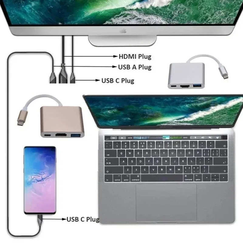 USB C zu HDMI-kompatiblen Aluminium USB 3,1 zu HDMI-kompatiblen 3,1 Konverter Adapter Typ C zu USB 3.0/Typ C Adapter Typ C Hub