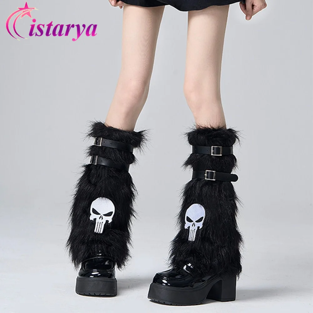 Harajuku Punk Y2k Girls Plush Fur Star Winter Leg Warmers Japanese Lolita Kawaii Fluffy Fleece Long Socks Skull Boot Leg Cover