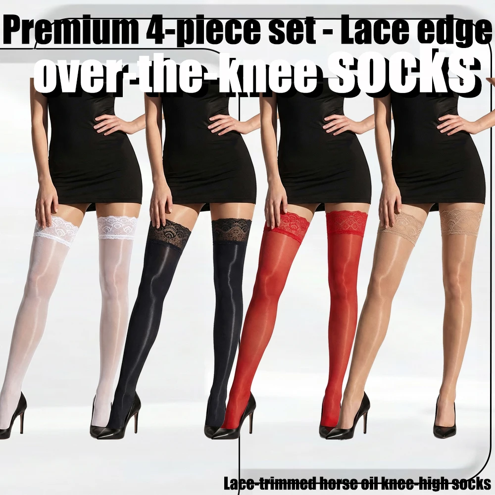Horse Oil Shine Lace Over Knee Stockings，Sexy Non-Slip Thigh Highs White/Black/Red/Nude Glossy Socks