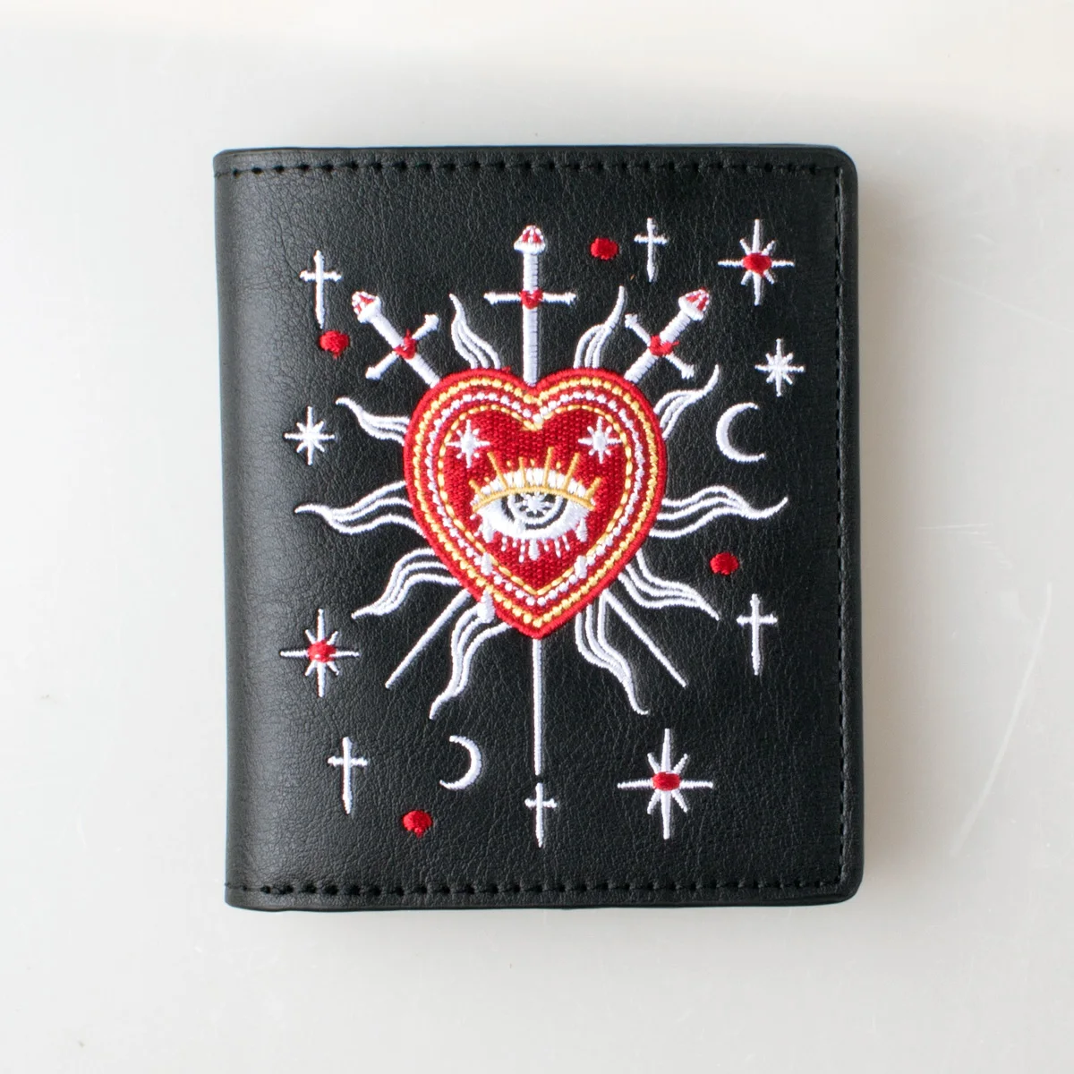 Portefeuille brodé motif épée de tarot sorcière gothique, élégant, double pli, porte-cartes d'identité avec pochette zippée pour pièces de monnaie