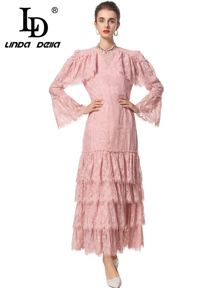 LD LINDA DELLA-Vestido chique feminino de renda, oco, babados em camadas, manga lanterna flare, cintura alta, vestidos Mixi, outono