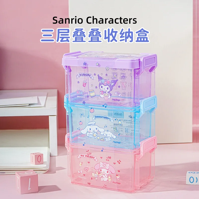 Kawaii Kuromi Cinnamoroll My Melody Three-Layer Stacked Transparent Storage Box Anime Sanrio Girly Heart Cute Cosmetics Storage