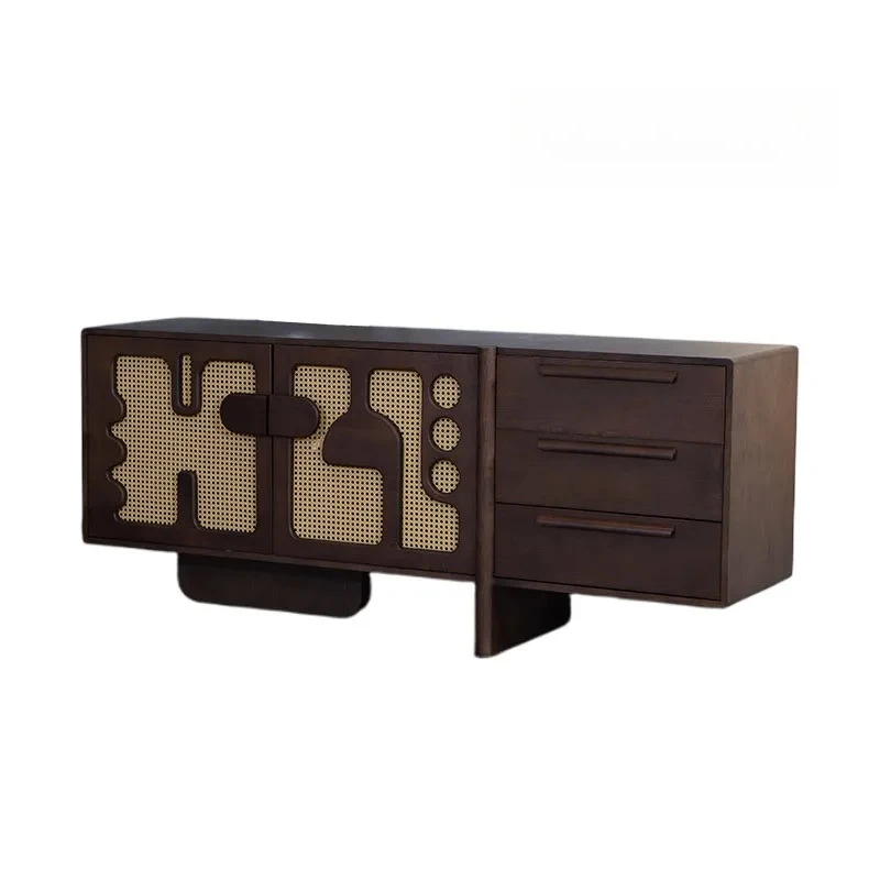 

Medieval solid wood floor-to-ceiling TV cabinet French retro rattan black walnut storage cabinet dining side cabinet