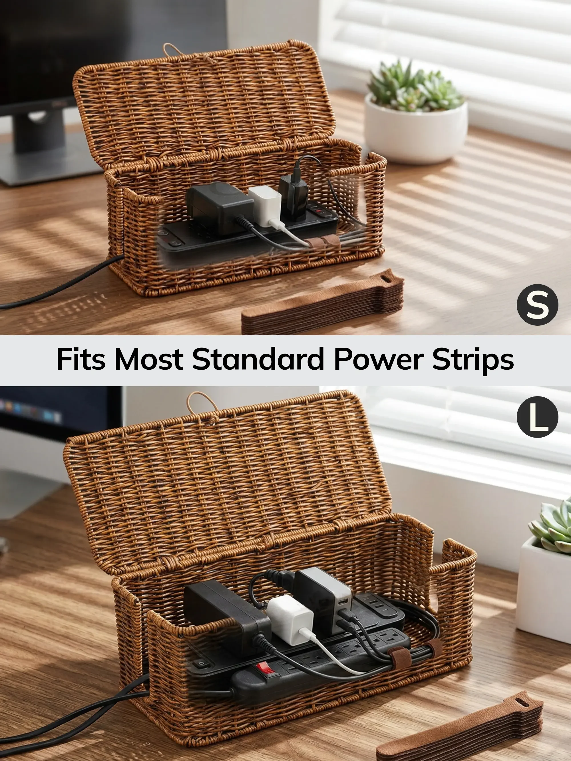 Wicker Cable Management Box with Lockable Lid - Handwoven Faux Rattan Cord Organizer for Under Desk, Power Strip & Home Office