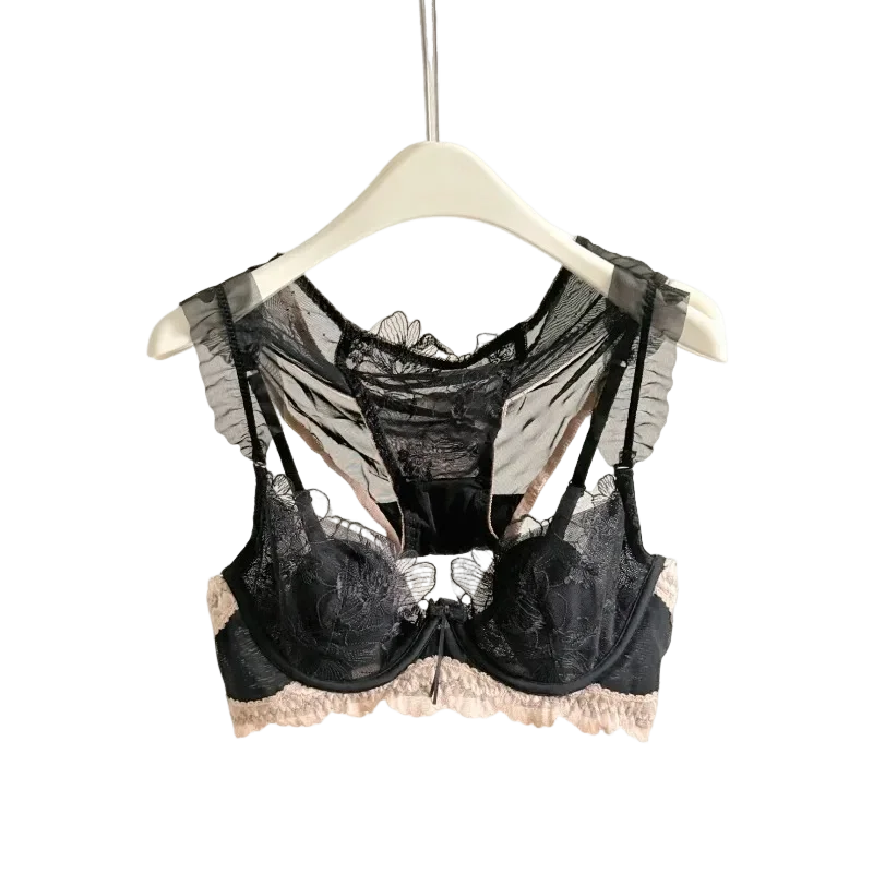 KUCLUT French Floral Underwear Women's Soft Steel Ring, Big Chest, Ultra-thin Rabbit Ear Cup, Sexy Lace Bra Set 32-38 Bra Set