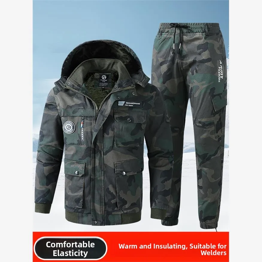 남성용 순면 작업복 세트 가을 겨울 두꺼운 내마모성 열 차단 용접 위장 작업복 라보...