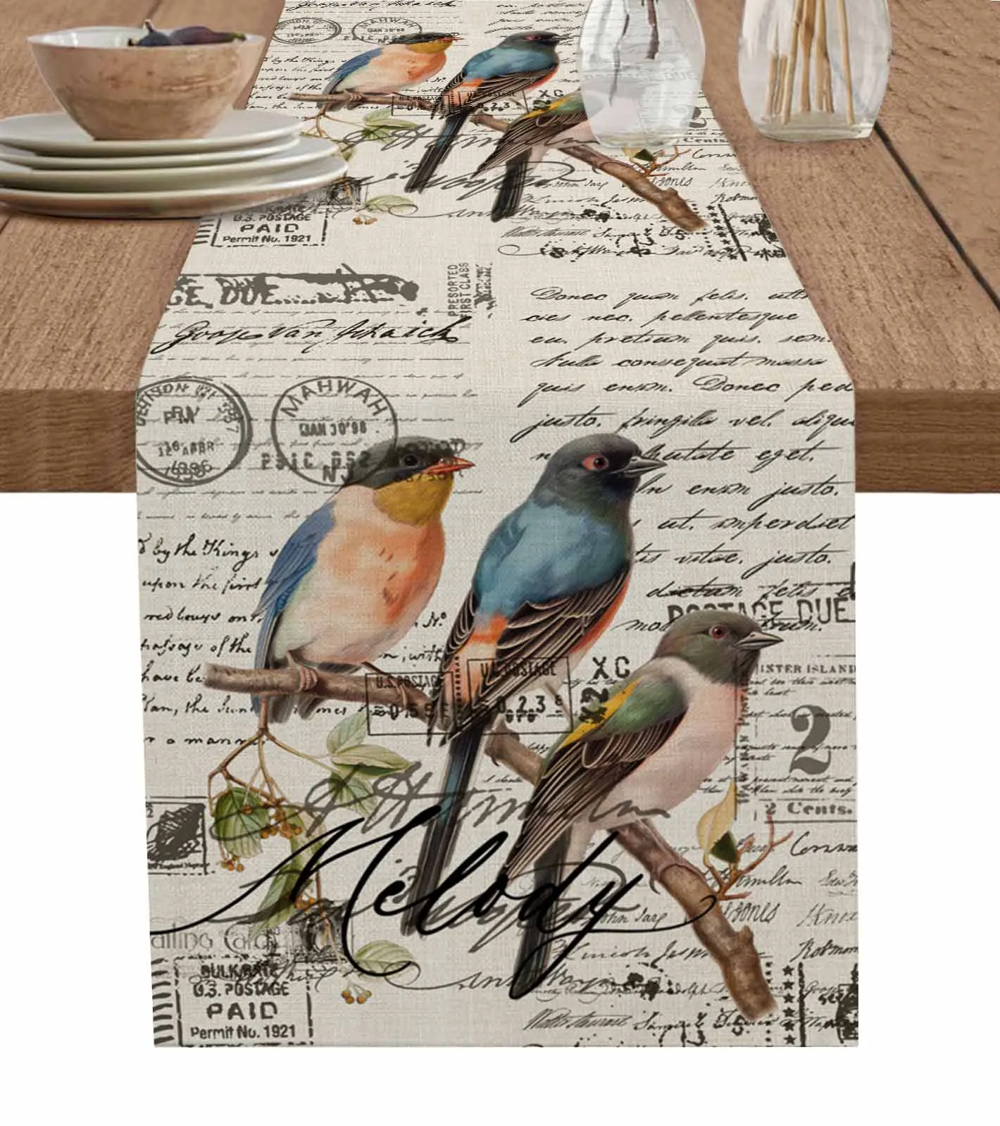 Retro Illustration Bird Envelope Postmark Table Runners For Dining Room Tablecloth 4/6 Pcs Placemats Table Cover