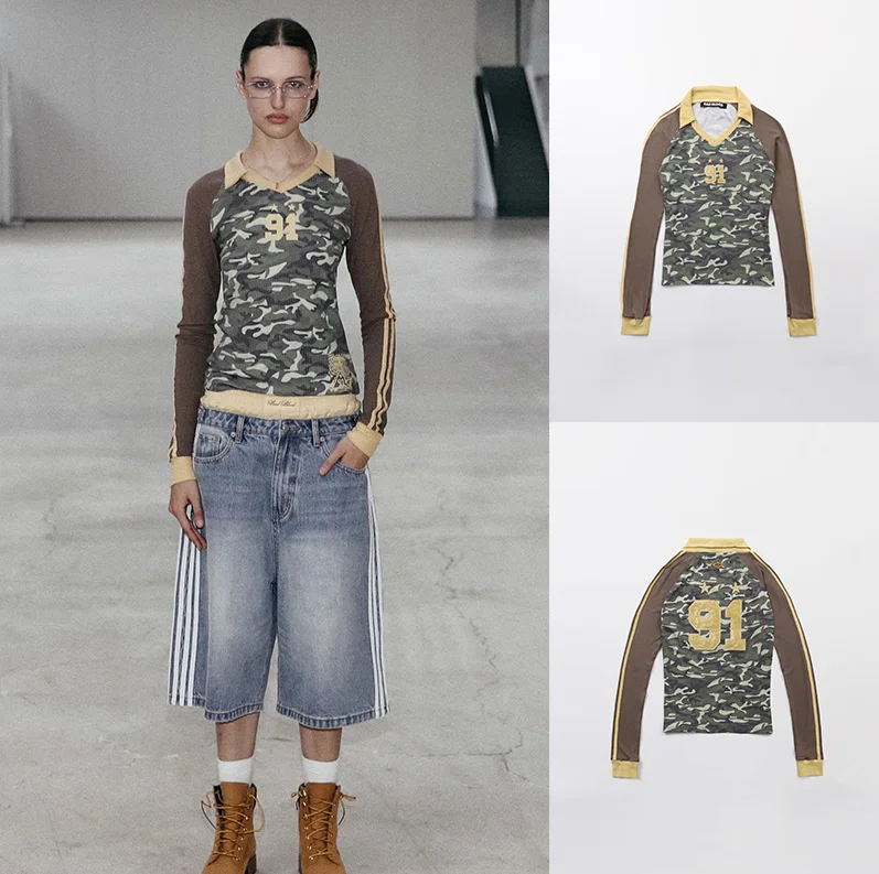 

Camouflage Long Sve T-irt Women's Early Autumn American Spicy Waist Cinching Slim Fit Trendy Top Polyester Spandex