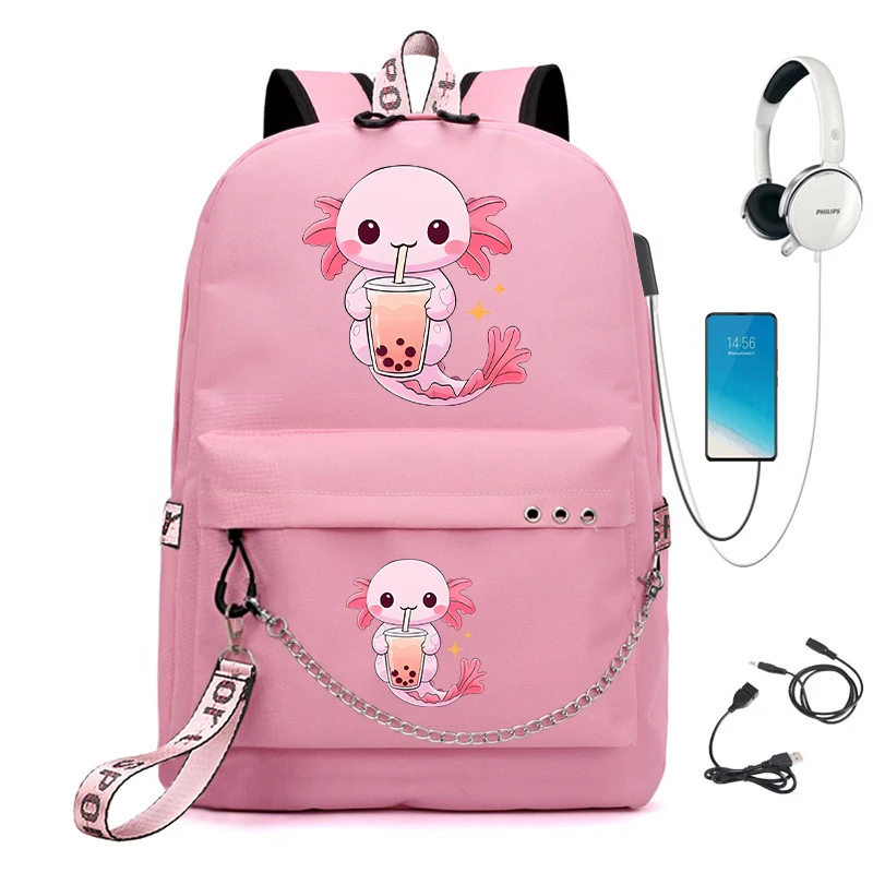 Girls Backpack Boba Axolotl Bubble Tea Anime Cartoon School Bags for Student Teens Girls Women Laptop Backpack Travel Bagpacks