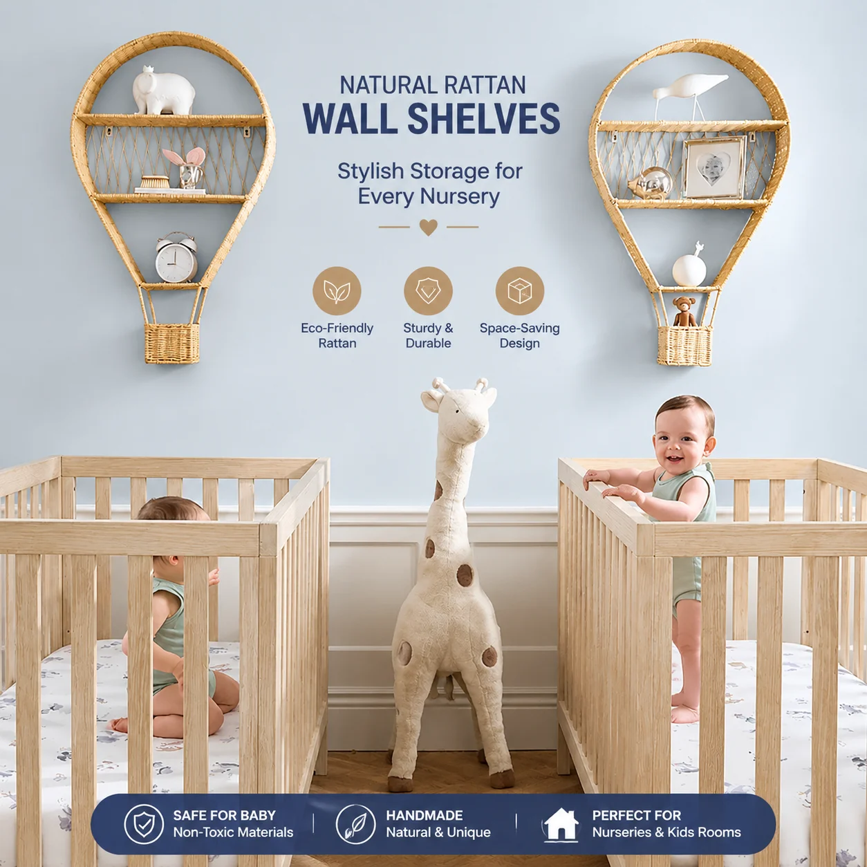 Nordic-Style Rattan Wall-Mounted Storage Basket with Hot Air Balloon Design – Decorative Organizer for Living Room or Bedroom