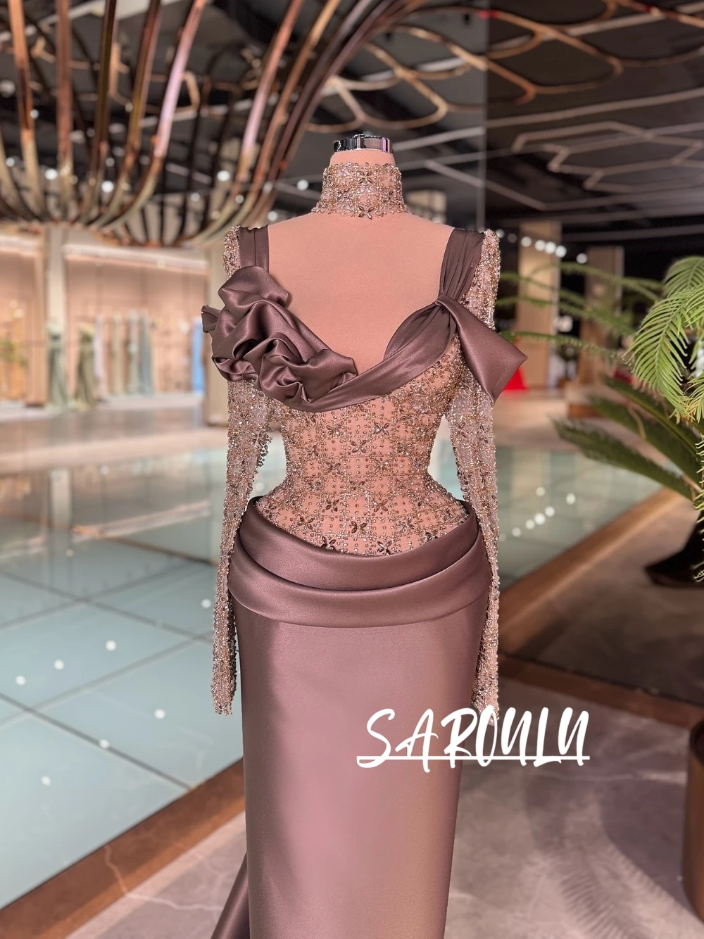 

Coffee Brown Satin Mermaid Evening Dress Elegant High Neck Beaded Mesh Top 3D Flower Embellished Formal Prom Gown With Train