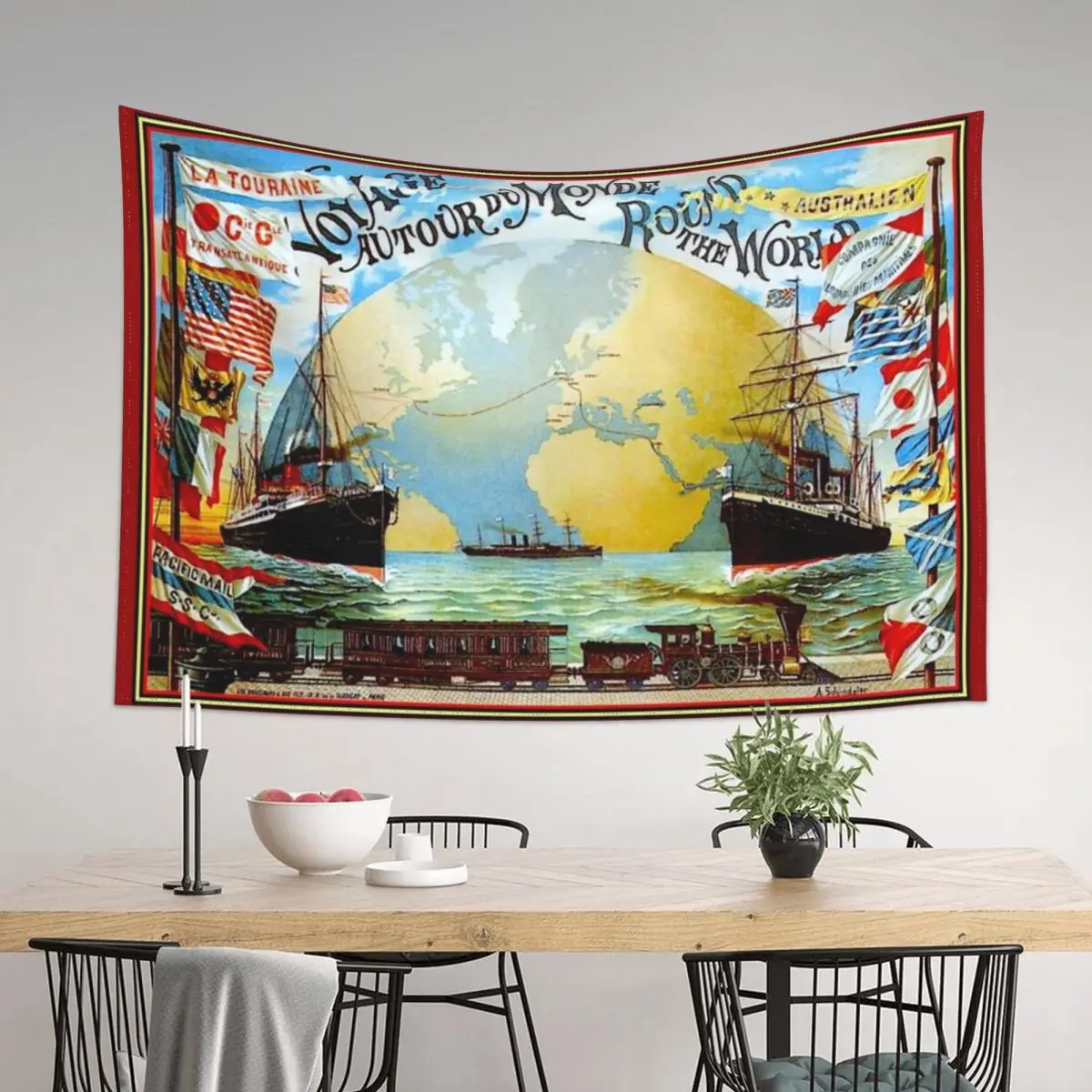 

Around The World in 80 Days; Vintage Jules Verne Print Tapestry Decorative Paintings Cute Room Decor Tapestry