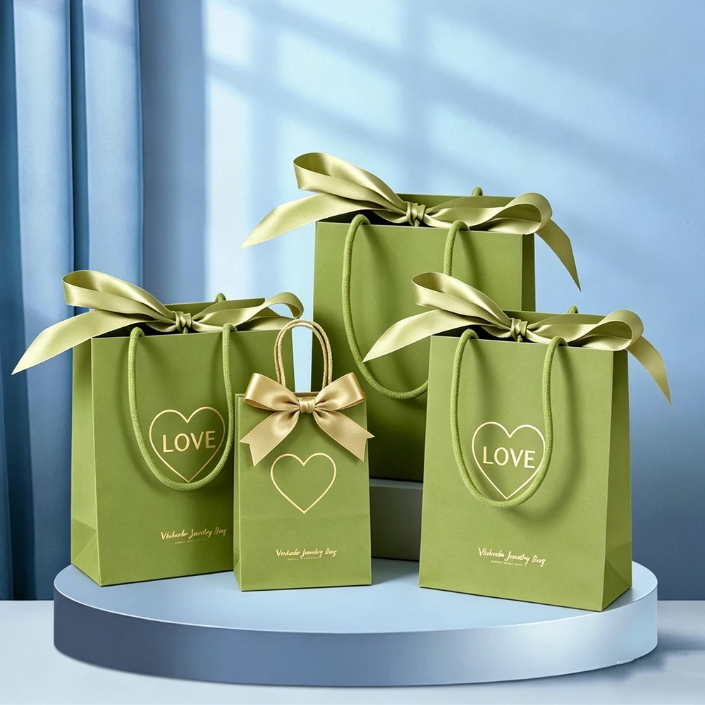 

Custom Logo Jewelry Paper Handle Bag Shopping Bags With Ribbon High Quality Grass Green Thick Paper Tote Bag for Earring Pendant