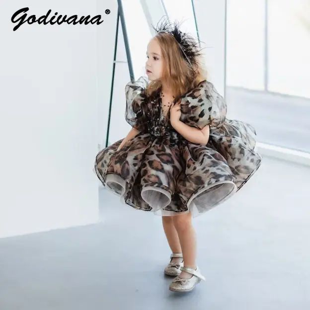 European and American Newborn Baby Christening Performance Dress Girls Toddler Summer New Leopard Print Tutu Princess Ball Gown