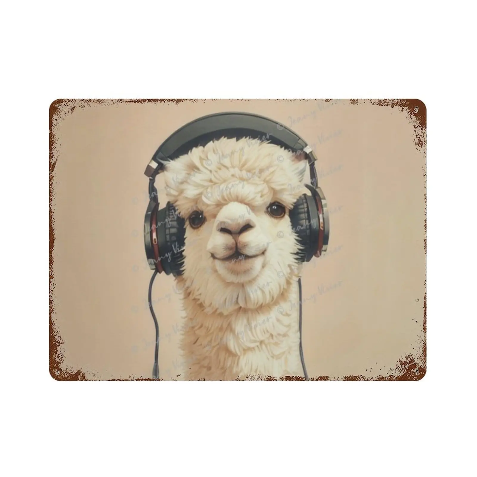 Music Alpaca Tin Sign Listening to Music Wall Art Decor Animal with Headphone Metal Sign Public Sign Plaque Garden House Signs, 