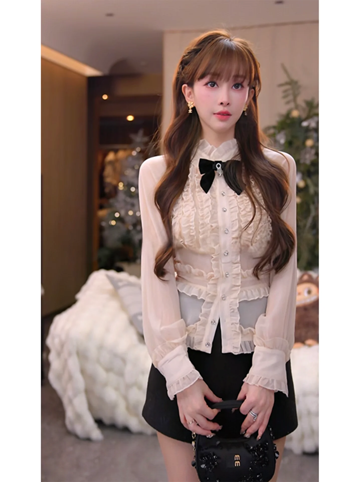 

Mimius Gentlewoman Sle Long Sve irt Stand Collar Detachable Brooch Soft Fabric Breathable Thin Winter Women's irt