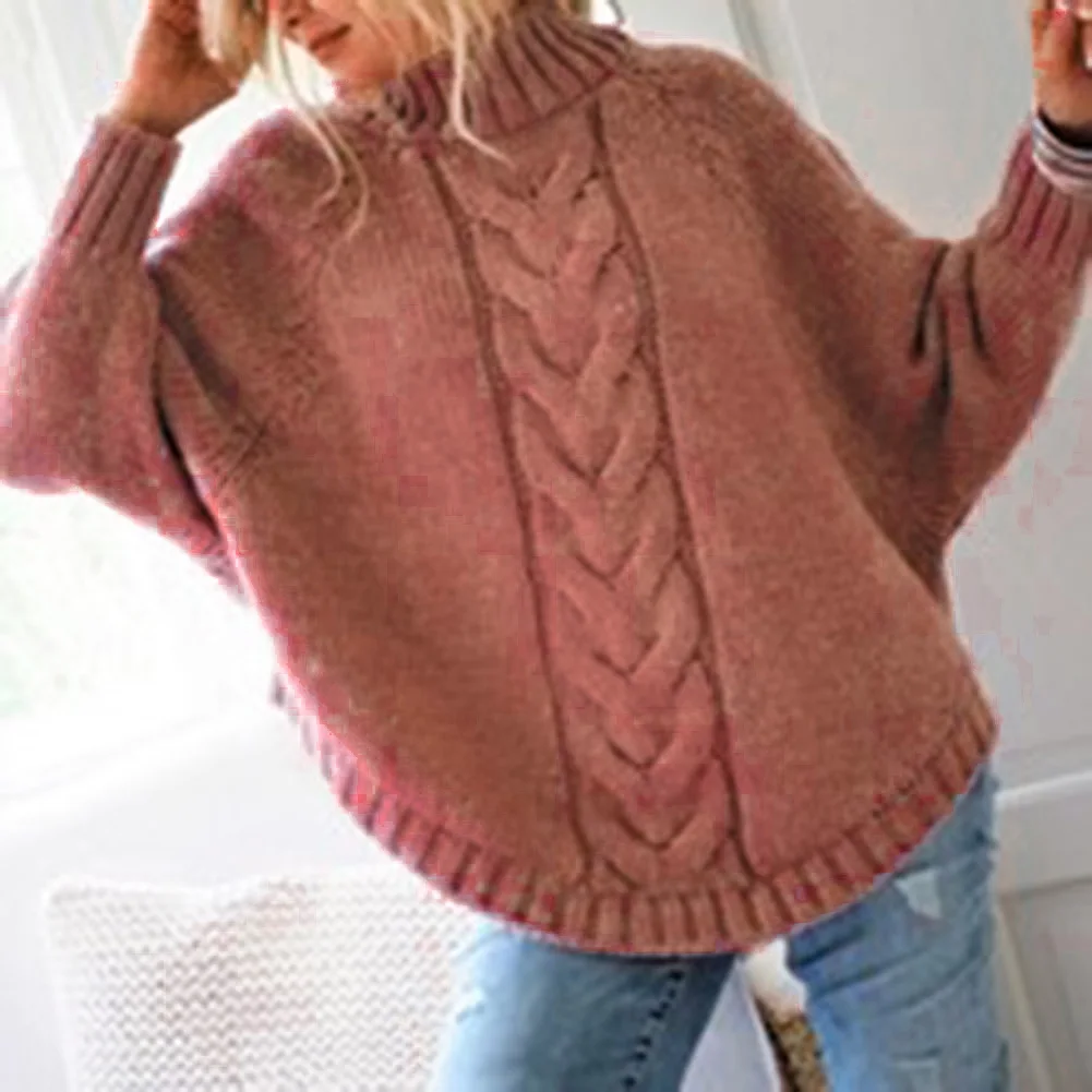Jacquard Design Knitted Pullover Casual Long Sleeve Style Regular Length Size S To 3XL Loose Turtleneck Cape Sweater