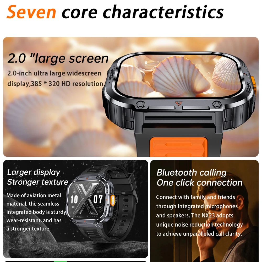 2.0 Inch Flashlight Outdoors Smartwatch Men Sports Blue Tooth Call Smart Watches Waterproof Sleep Health Monitor 400mAh DIY Dial