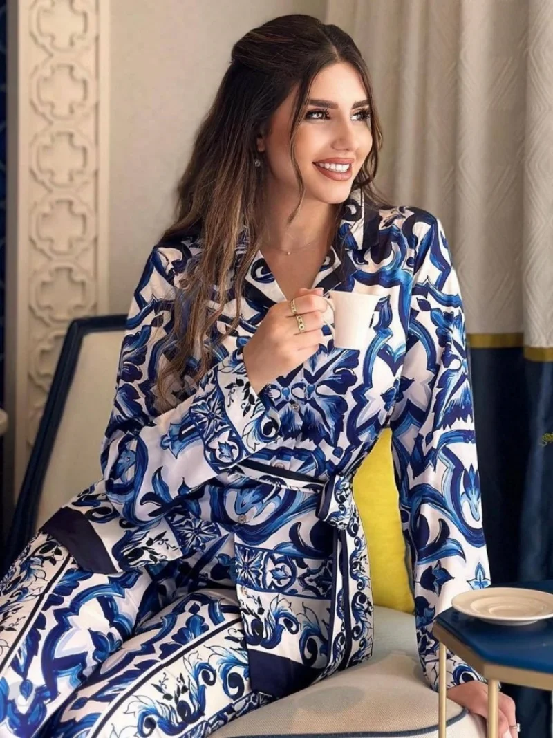 Vintage Gedruckt 2-teilige Sets Frauen Outfit Herbst Kleidung Frauen Langarm Shirt Top und Hose Sets Lässige Trainingsanzüge Frau Sets