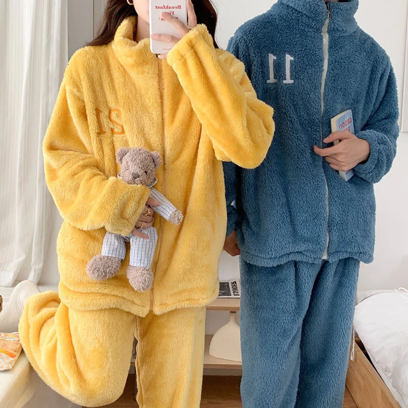 Autumn Winter Couples Flannel Thickened Warm Pajamas Women\'s Long-sleeved Zipper Plush Suit Men\'s Home Wear