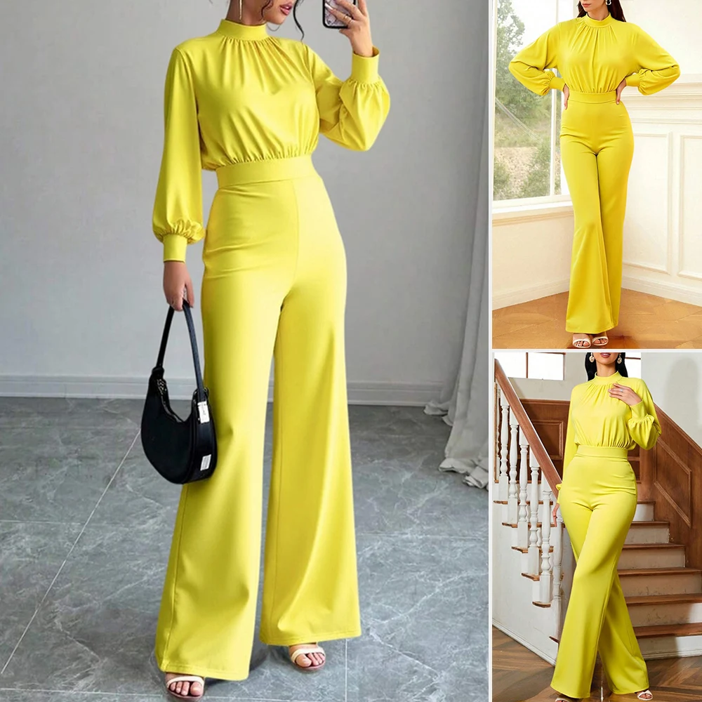 

Women's Jumpsuits Autumn Spring Blouse Pants City Style Elegant Mock Neck Lantern Sleeves Wide-Leg Pants