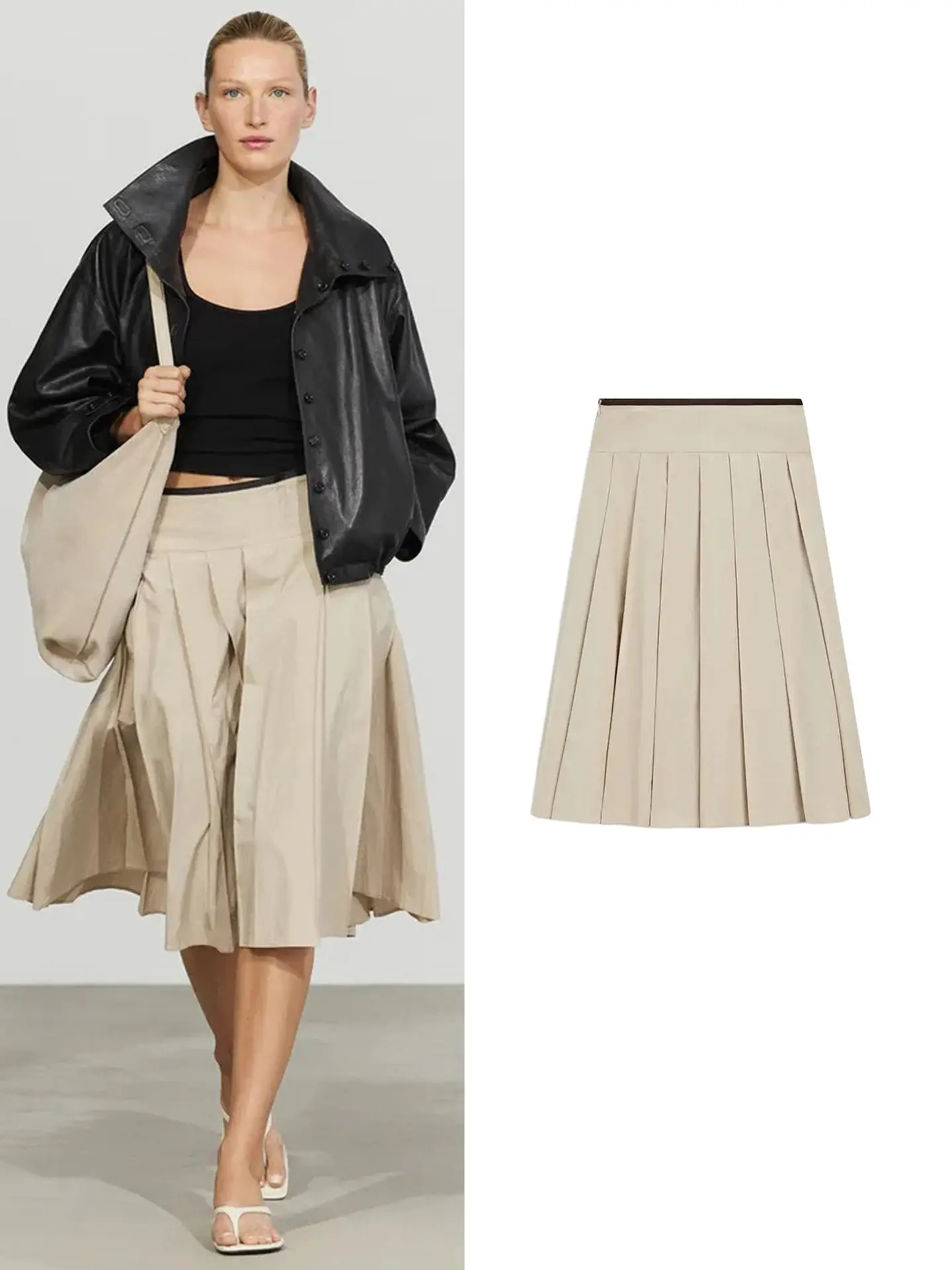 Autumn New Casual High Waist Midi Skirt Zipper Color Block Pleated Half Body Skirt for Women Standard Fit Polyester Fiber