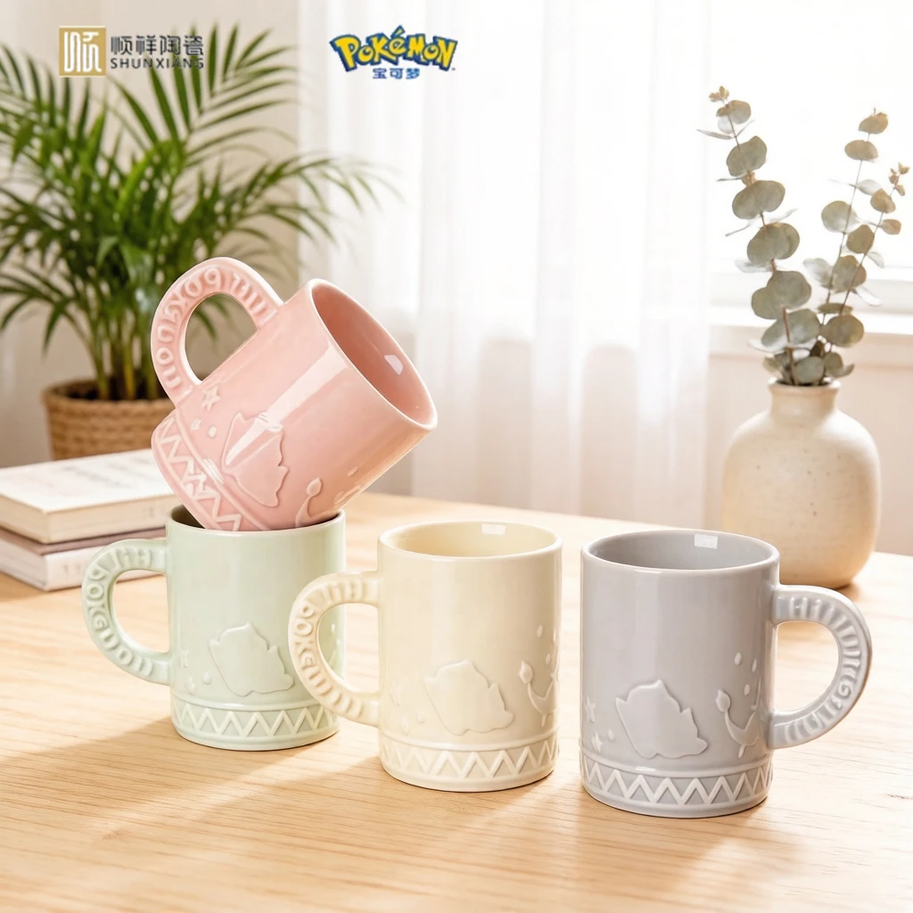 SHUNXIANG Licensed Pokemon Relief Ceramic Mug Cartoon Drinkware for Coffee Milk Tea Cute Breakfast Cup Kids Cup Gift
