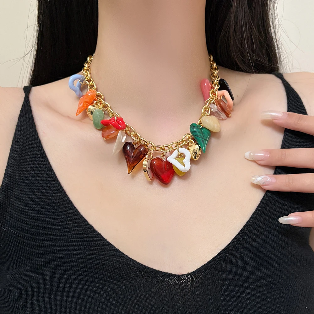 Fashion Vacation-Style Colorful Resin Heart-Shaped Pendant Necklace Women Individual Necklace Trendy Jewelry Accessory - view 3
