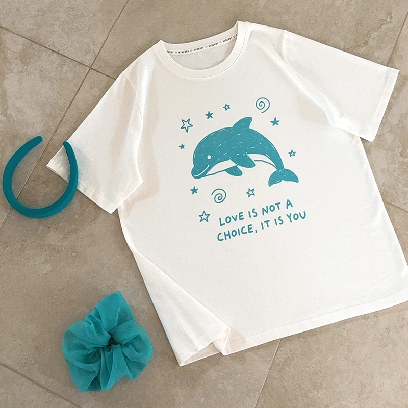 

Cotton T-Shirts Women Summer Tops Tee for Sweet Girls Cute Dolphin Print Short Sleeve Loose TShirts Kawaii Clothes