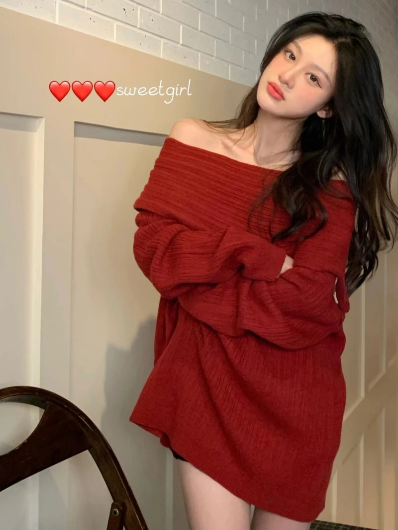 

oulder Bared Lazy Sle Red Small Size Sweater Women's Outerwear Loose Mid-Length Knitted irt Winter Casual Faion