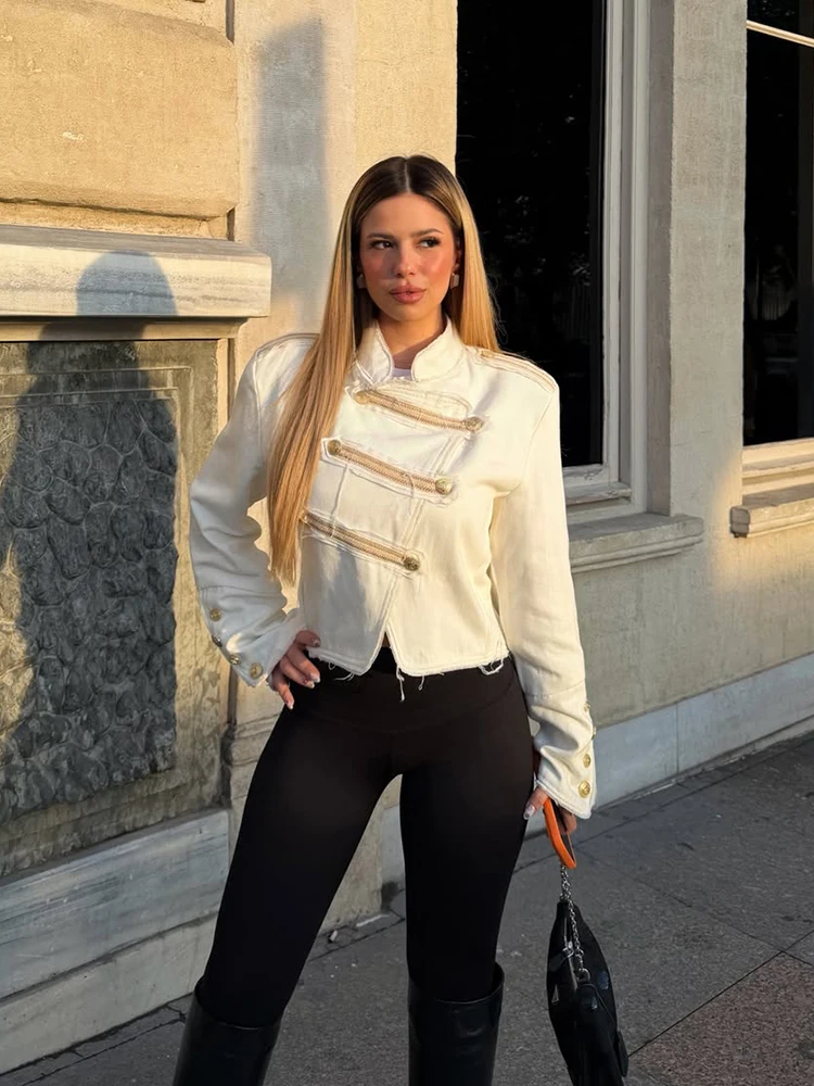 HH Y2K Military Cropped Jacket Women's Gold Button Stand Collar Outerwear Spring Fall Going Out Elegant Casual Business Wear