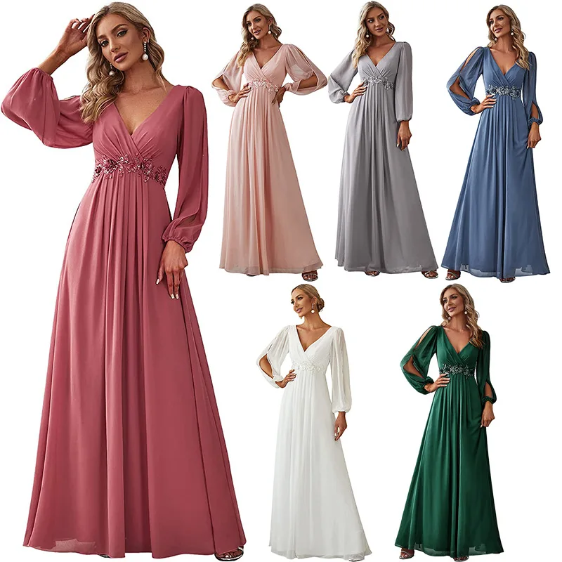 European and American Women's Clothing Solid ColorVCollar Dress Elegant Long Dress Waist Hem